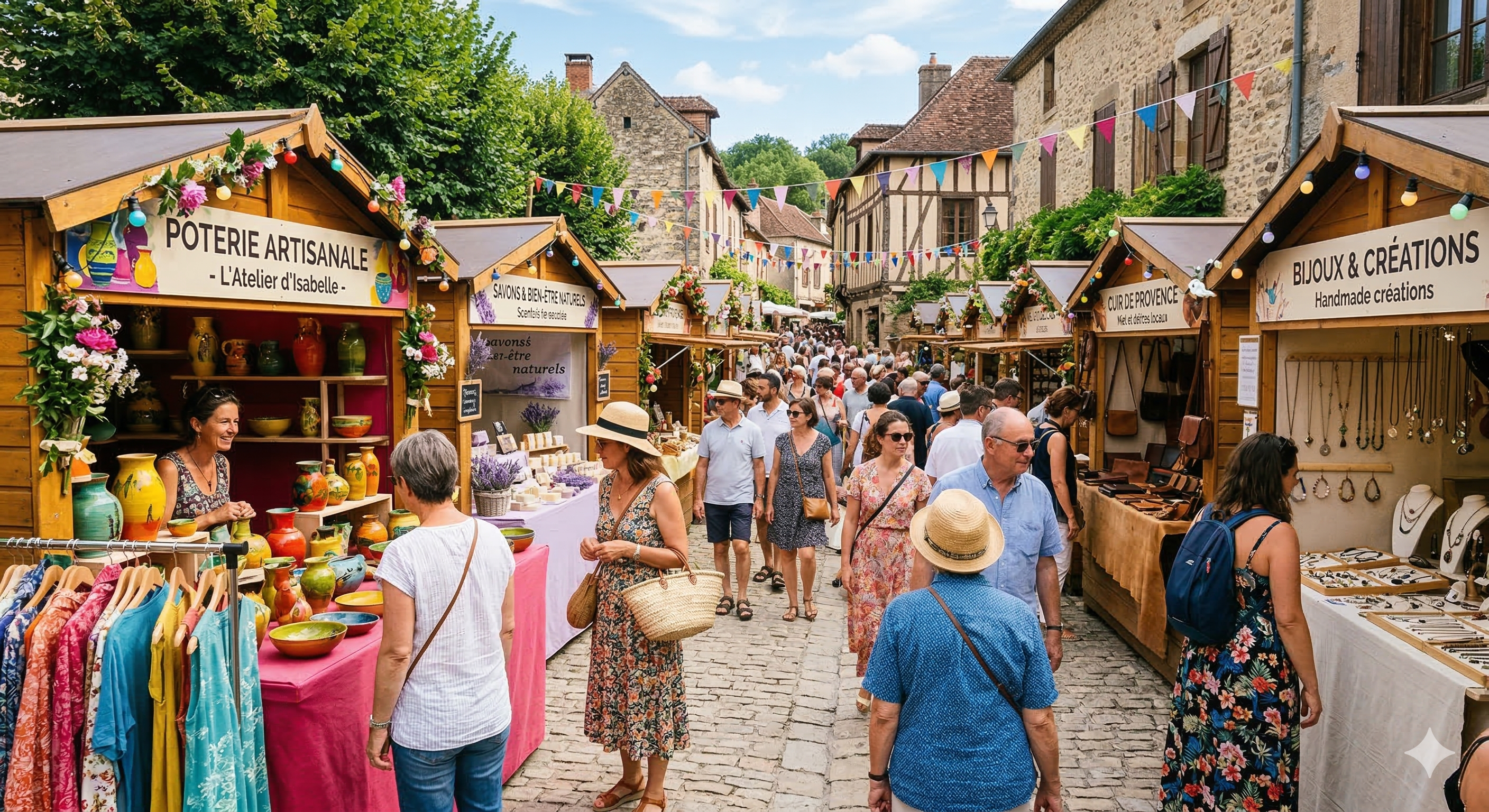 Illustration d'un marché artisanal animé avec des stands colorés